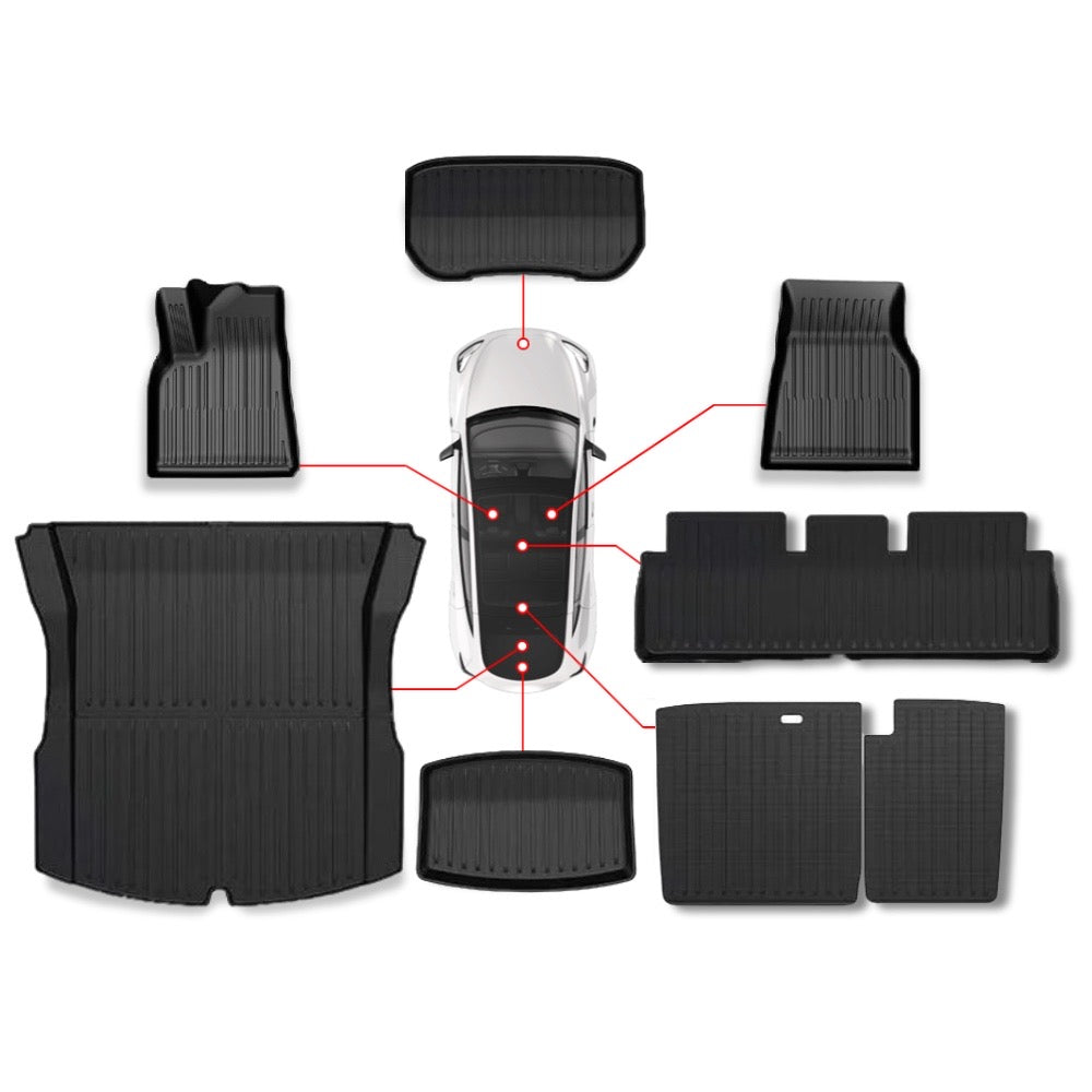 TeckRide™ 3D TPE All-Weather Mats & Liners for Tesla Model 3 – 8-Piece Interior, Rear Cargo, Frunk, and Seat-Back Set